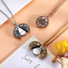 Three sunflower-shaped locket necklaces in silver, bronze, and gold, displayed open and closed, revealing engraved messages inside.