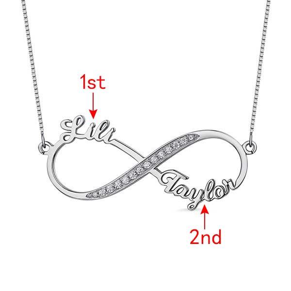 Personalized Infinity Necklace with Sparkling Diamonds in Sterling Silver 925, featuring the names "Lili" and "Taylor" with labeled positions for customization.