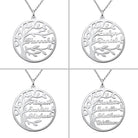 Four silver necklaces with round pendants, each featuring a tree design and names: "Hannah," "Evelyn Daniel," "Abigail Scarlett Michael," and "Charlotte Isabella Matthew William."