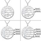 Four silver necklaces with round pendants featuring a tree design and labeled sections for names: "Hannah," "Evelyn Daniel," "Abigail Scarlett Michael," and "Charlotte Isabella Matthew William."