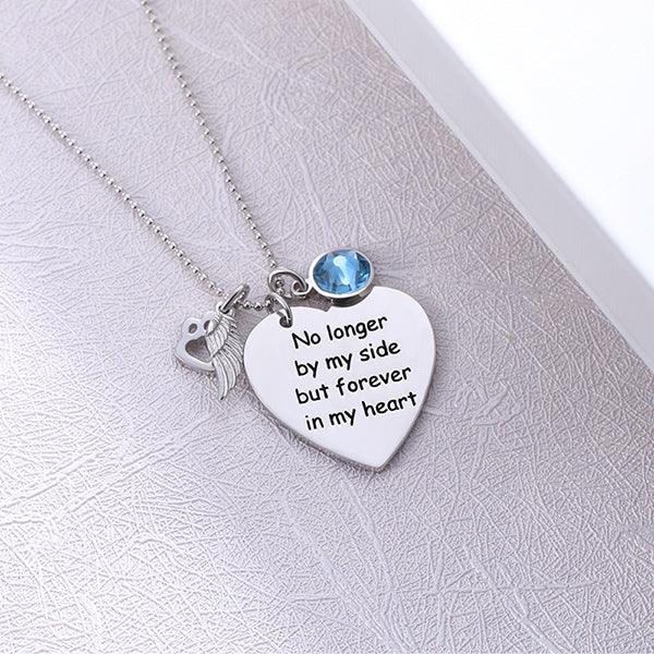 Sterling Silver Custom Pet Memorial Heart Birthstone Necklace with Angel Wing and Paw Print - Belbren