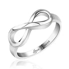 Sterling Silver Infinity Symbol Ring with "Love Forever" engraving, featuring a polished finish, symbolizing eternal love and perfect for special occasions.