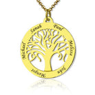 Gold necklace pendant with a tree design in the center, surrounded by names engraved around the edge: Michael, Sanah, Panl, Melissa, John, and Mandoz.