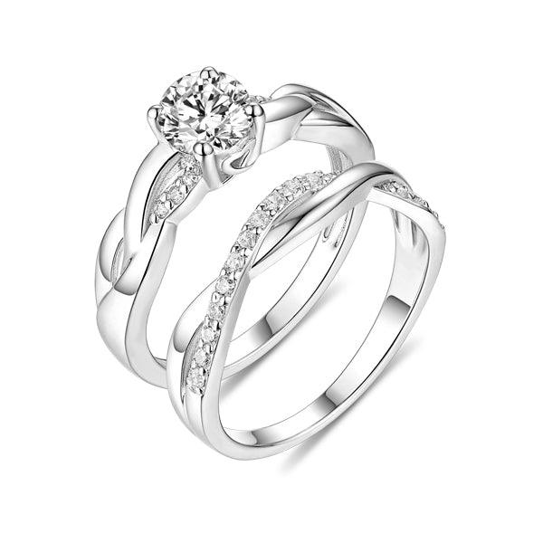 Elegant 925 Sterling Silver Twist Infinity Ring Set with Simulated Diamonds, perfect for engagements, weddings, promises, and customizable with a birthstone.