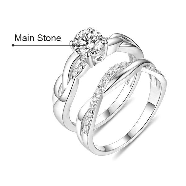 925 Sterling Silver Twist Infinity Ring Set with Simulated Diamonds, featuring a customizable main stone, perfect for engagements, weddings, and promises.