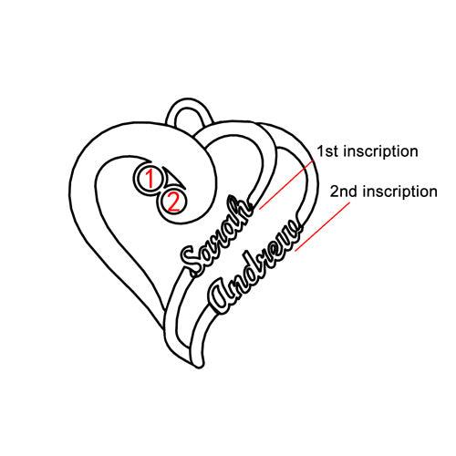 Diagram of a heart-shaped pendant with two gemstones and two inscriptions, labeled "1st inscription" and "2nd inscription," showing placement details.